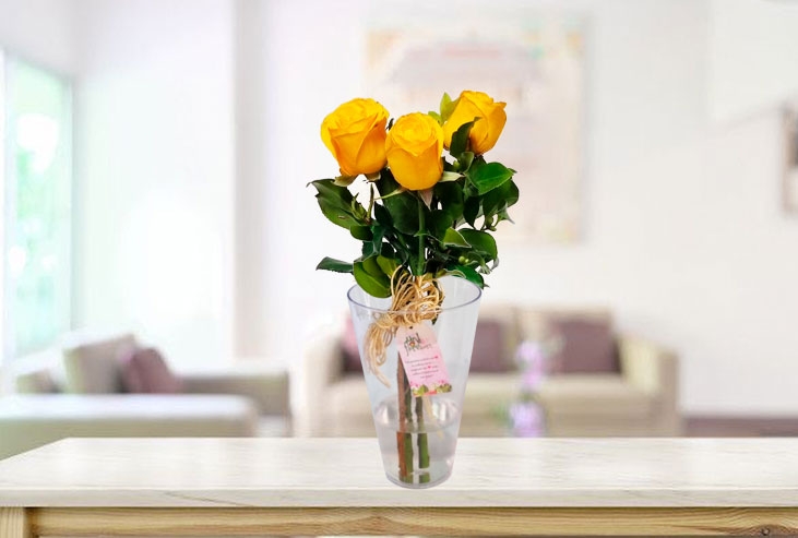 Ramalhete de 3 rosas amarelas em vaso na sala de esta Ramalhete de 3 rosas amarelas em vaso na sala de estar